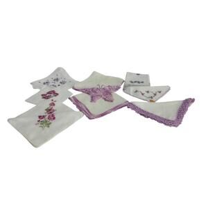 VTG Purple FLORAL FLOWERS Hankies Handkerchiefs Crochet Rose Violets Lot of 8